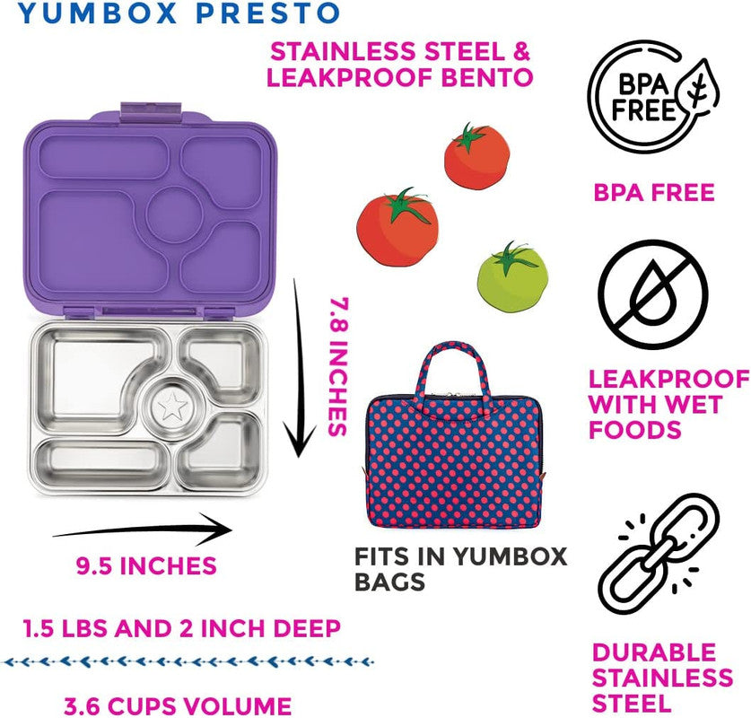 Yumbox Presto 5 Compartment Stainless Steel Lunch Box - Remy Lavender - Laadlee