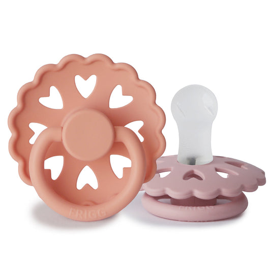Frigg Fairytale Silicone Baby Pacifier 6M-18M, 2Pack, Pretty In Peach/Primrose - Size 2 - Laadlee