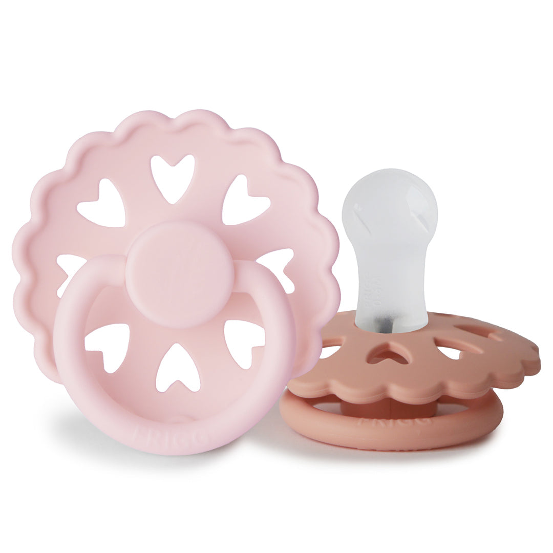 Frigg Fairytale Silicone Baby Pacifier 6M-18M, 2Pack, White Lilac/Pretty In Peach - Size 2 - Laadlee