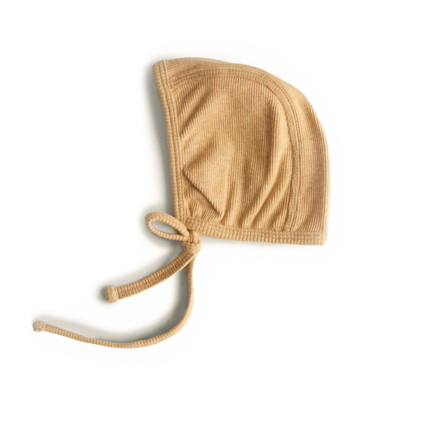 Mushie Ribbed Baby Bonnet Mustard Melange - Laadlee