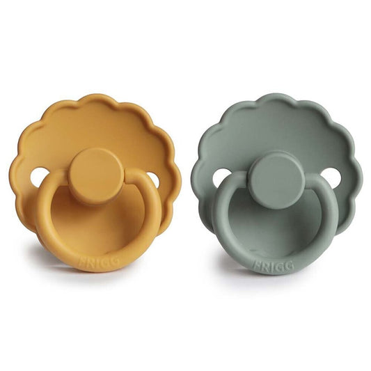 Frigg Daisy Silicone Baby Pacifier 0-6M, 2Pack, Honey Gold/Lily Pad - Size 1 - Laadlee