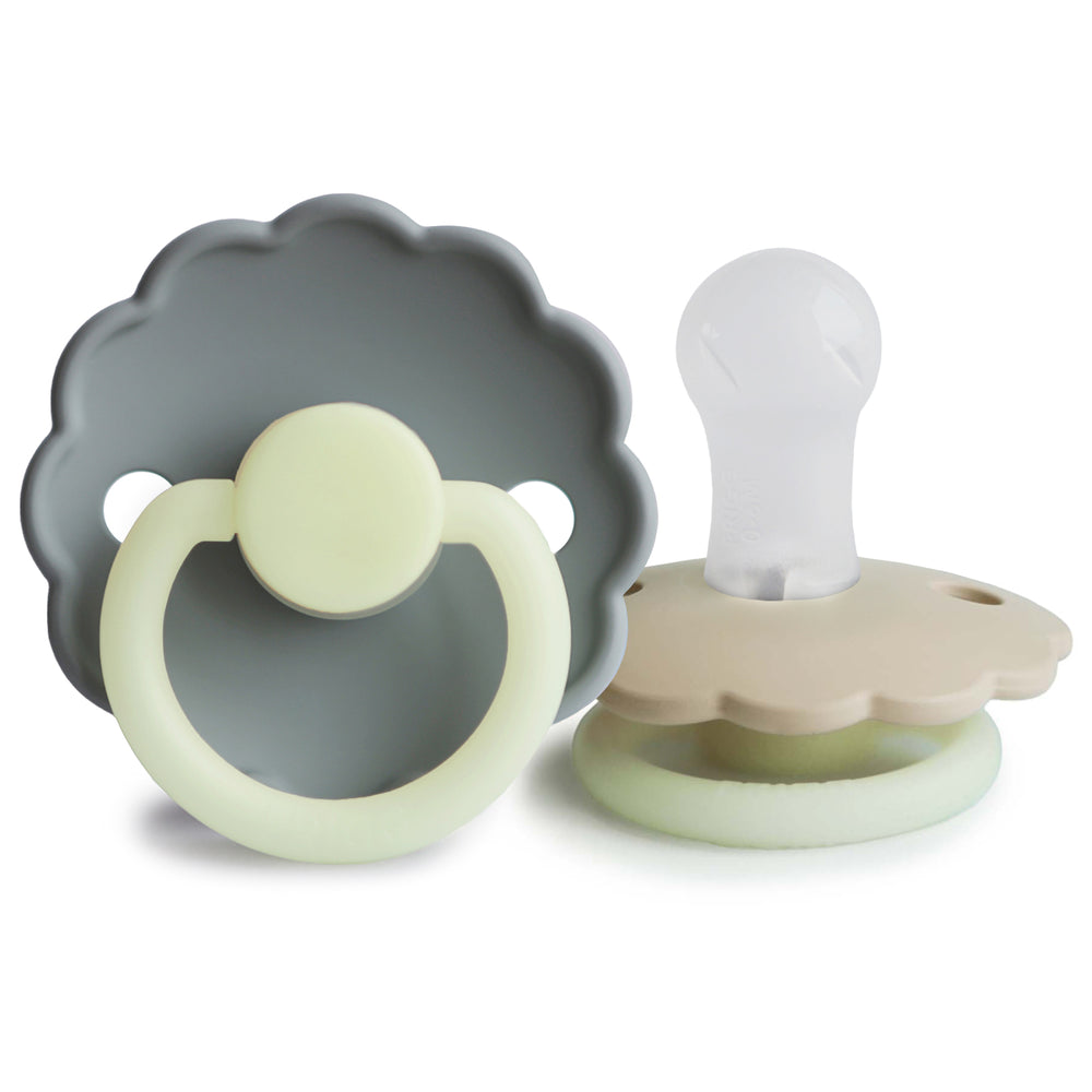 Frigg Daisy Silicone Baby Pacifier 6M - 18M, 2Pack, Cream Night/French Gray Night - Size 2 - Laadlee