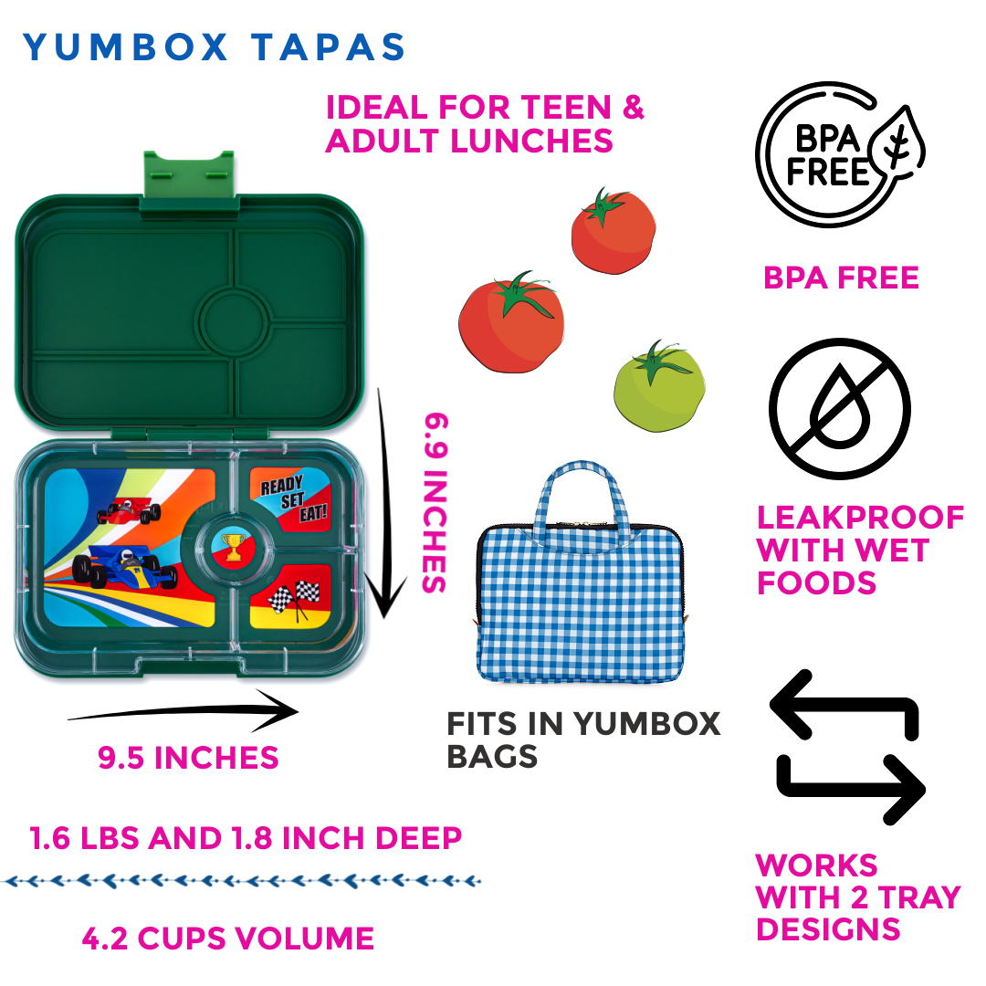 Yumbox Tapas 4 Compartment Race Cars Lunch Box - Greenwich - Laadlee