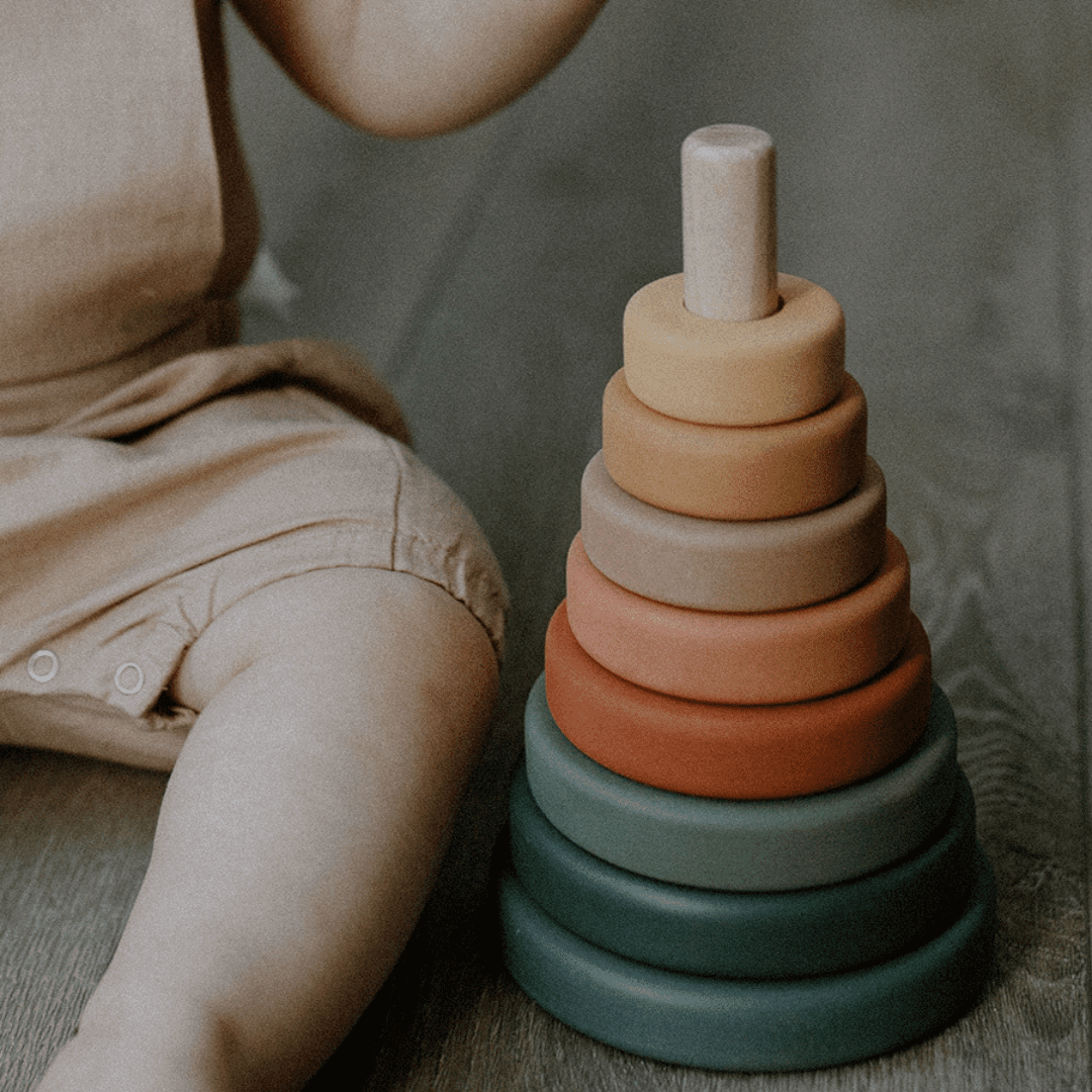 SABO Concept - Wooden Toy Ring Stacker - Green and Mustard - Laadlee