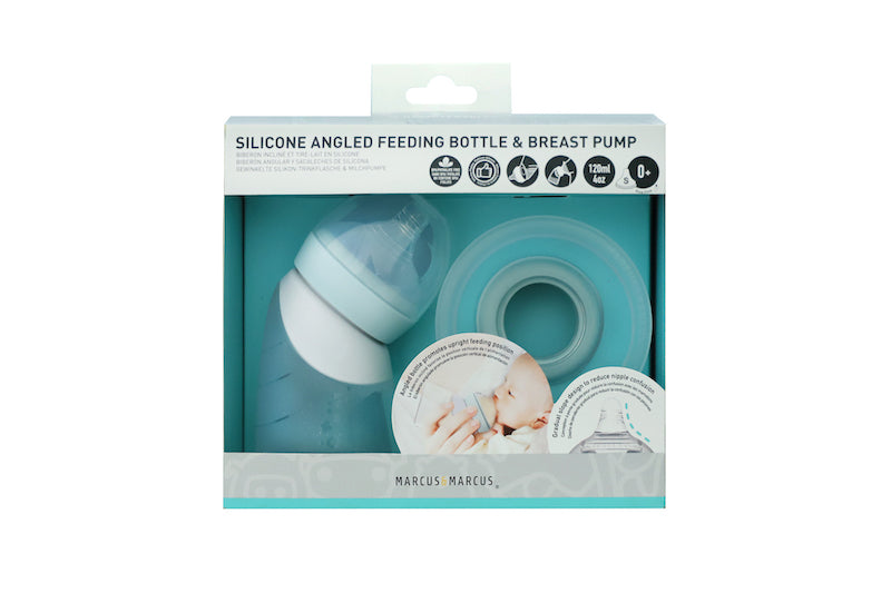 Marcus & Marcus - 2 in 1 Silicone Breast Pump & Angled Feeding Bottle Set - Mint - Laadlee