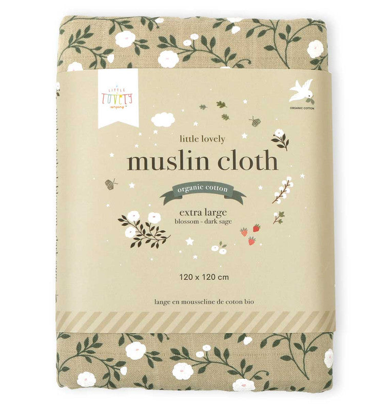 A Little Lovely Company Muslin Cloth XL - Blossom - Dark Sage - Laadlee