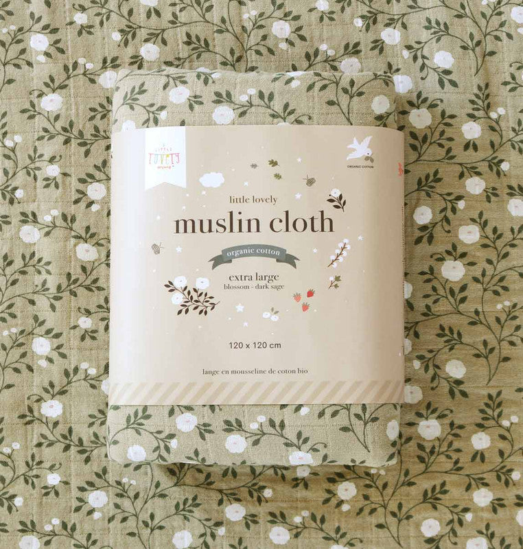 A Little Lovely Company Muslin Cloth XL - Blossom - Dark Sage - Laadlee