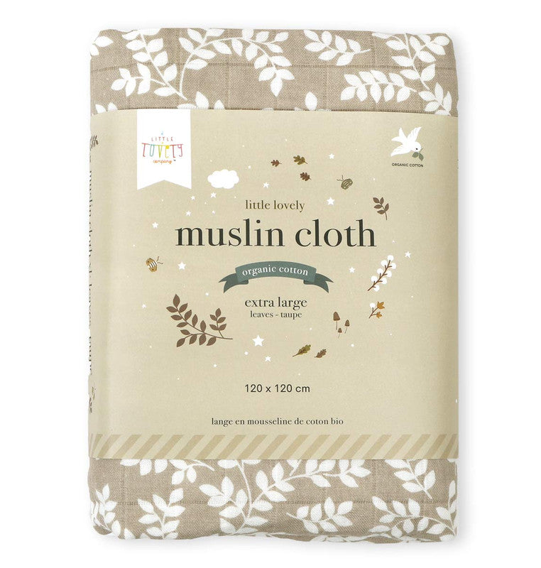 A Little Lovely Company Muslin Cloth XL - Leaves - Taupe - Laadlee
