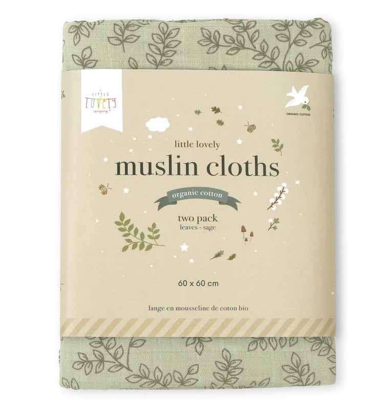 A Little Lovely Company Muslin Cloth Set of 2 - Leaves - Sage - Laadlee