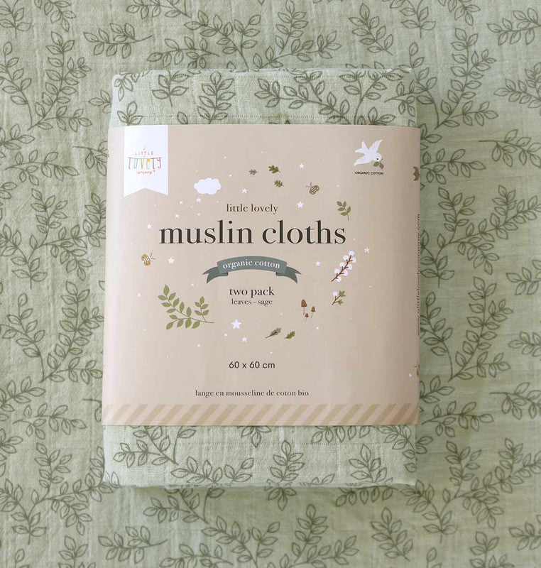 A Little Lovely Company Muslin Cloth Set of 2 - Leaves - Sage - Laadlee