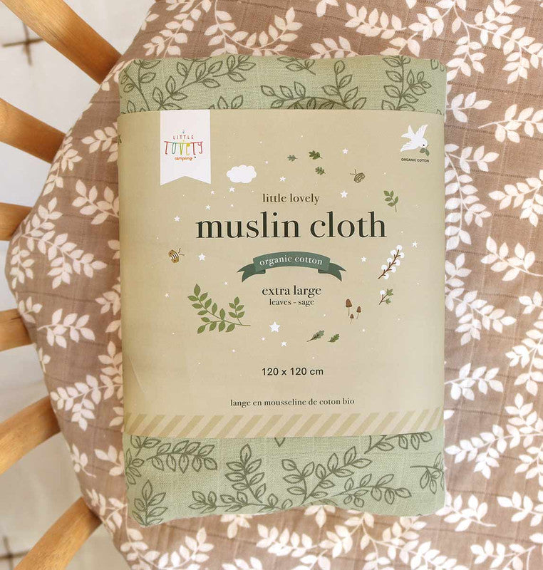 A Little Lovely Company Muslin Cloth XL - Leaves - Sage - Laadlee