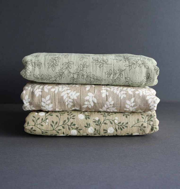 A Little Lovely Company Muslin Cloth XL - Leaves - Sage - Laadlee