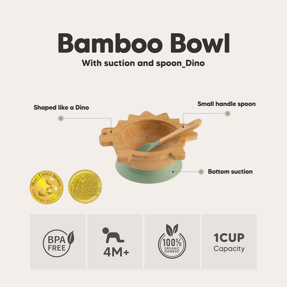 Citron Organic Bamboo Bowl 250ml Suction & Spoon Dino - Green - Laadlee