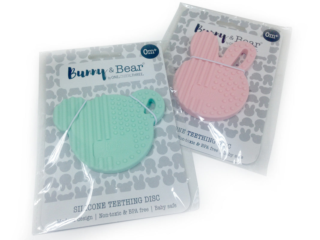 One.Chew.Three Bunny & Bear Silicone Teething Disc - Bear Mint - Laadlee