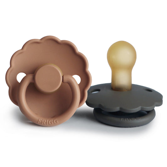 Frigg Daisy Latex Baby Pacifier 0-6M, 2Pack, Peach Bronze/Graphite - Size 1 - Laadlee