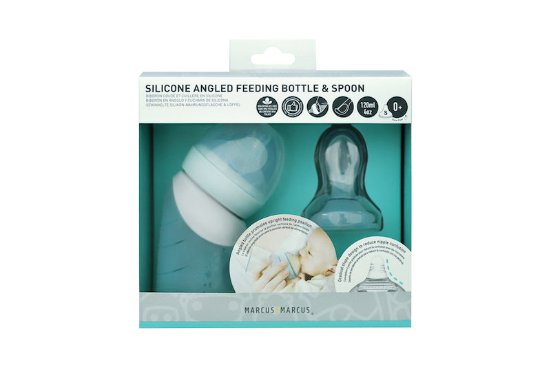 Marcus & Marcus - Silicone Angled Feeding Bottle & Dispensing Spoon Set- Mint - Laadlee