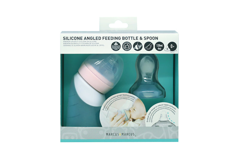 Marcus & Marcus - Silicone Angled Feeding Bottle & Dispensing Spoon Set - Peach - Laadlee