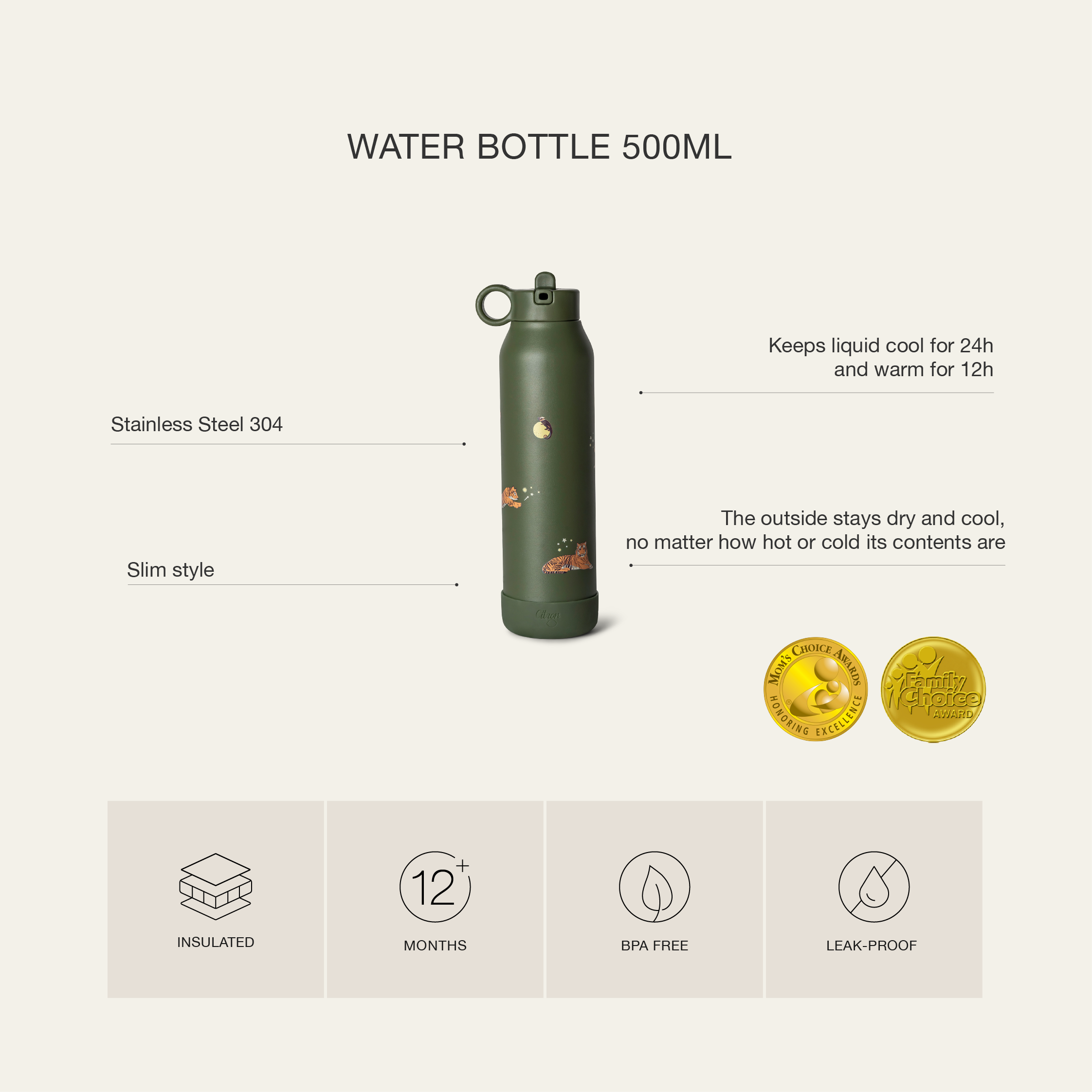 Citron Stainless Steel Water Bottle 500ml - Tiger - Laadlee