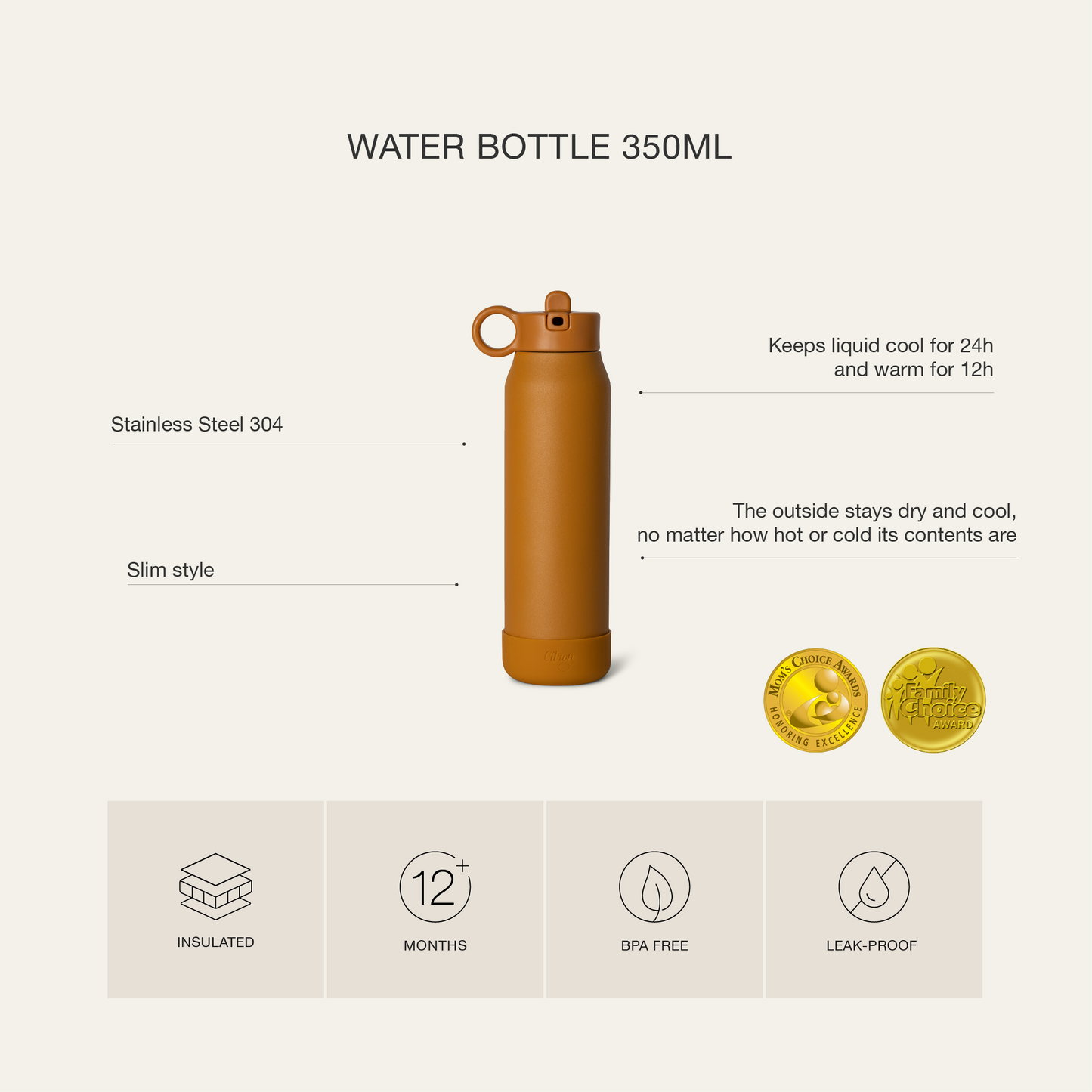 Citron Stainless Steel Water Bottle 350ml - Caramel - Laadlee