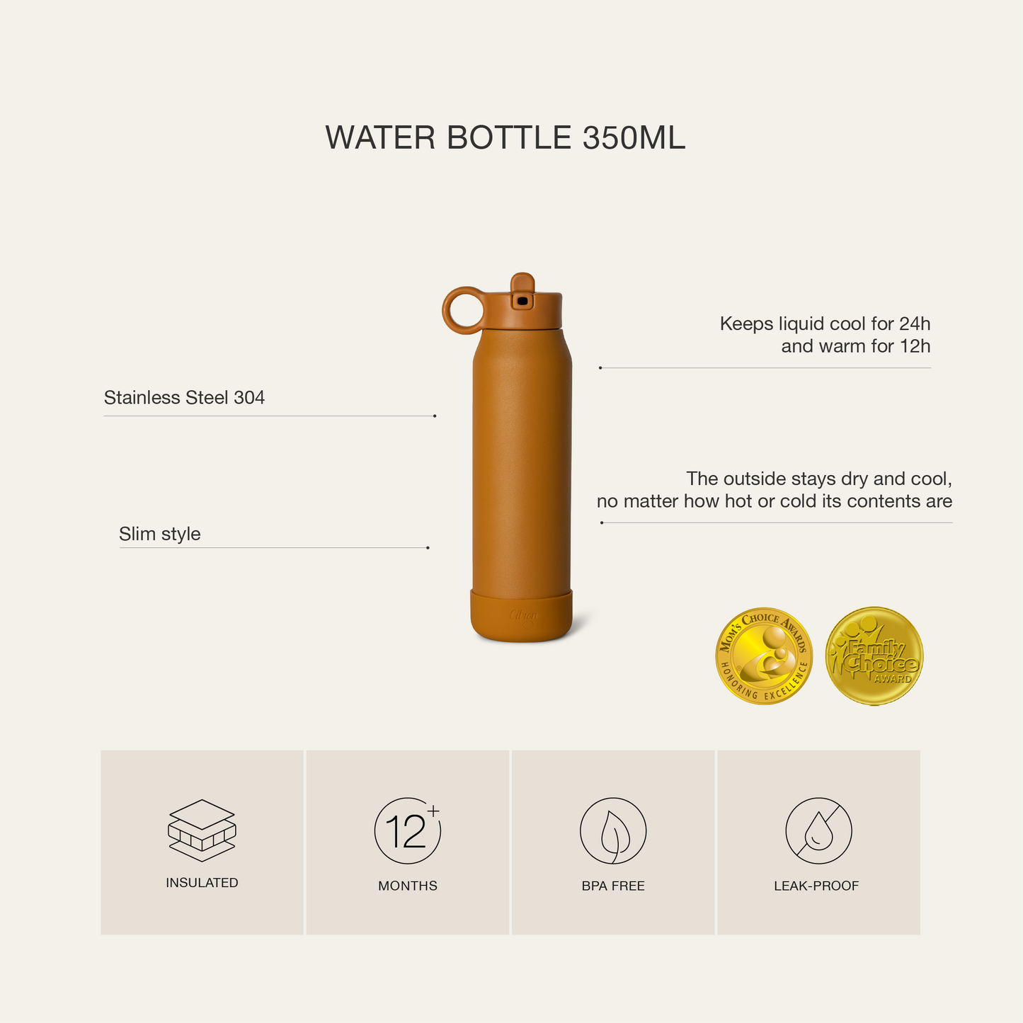 Citron Stainless Steel Water Bottle 350ml - Vehicles - Laadlee