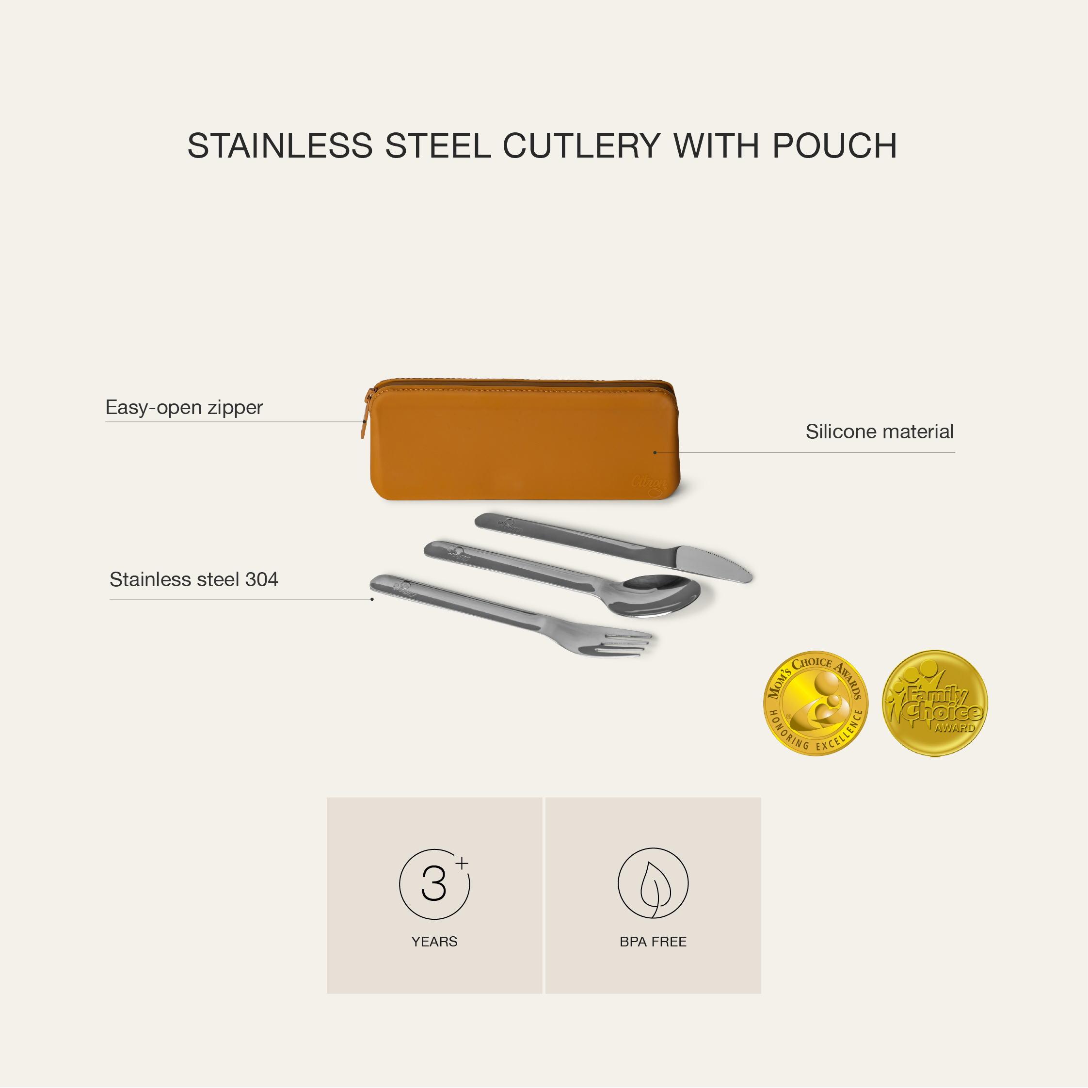 Citron Stainless Steel Cutlery with Pouch - Blush Pink - Laadlee