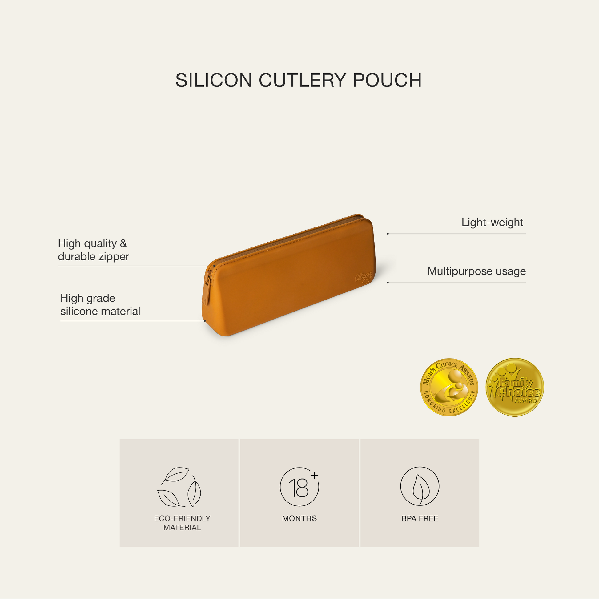 Citron Silicone Cutlery Pouch - Caramel - Laadlee