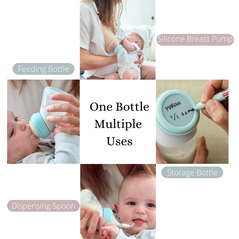 Marcus & Marcus - 2 in 1 Silicone Breast Pump & Angled Feeding Bottle Set - Mint - Laadlee