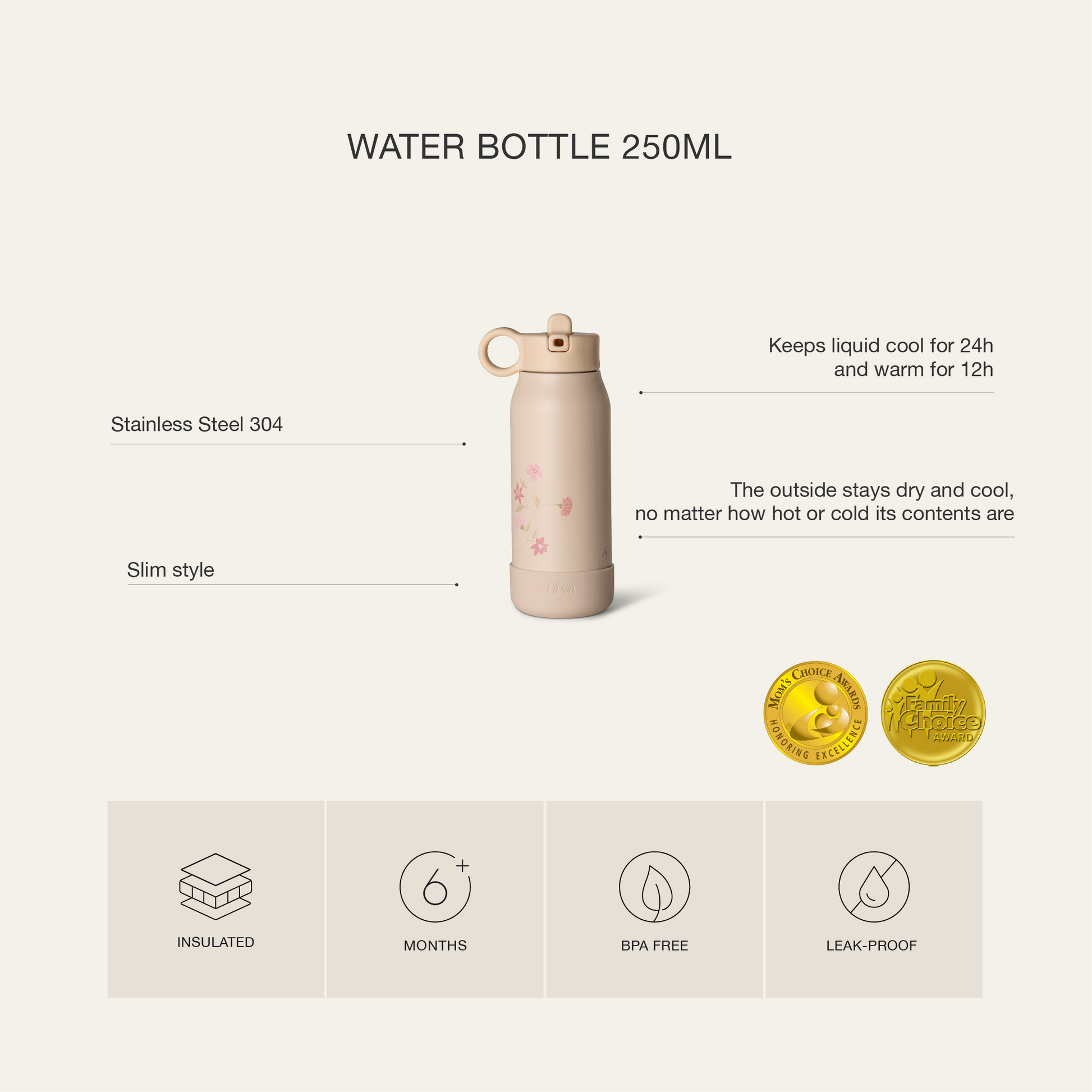 Citron Stainless Steel Water Bottle 250ml - Flower - Laadlee