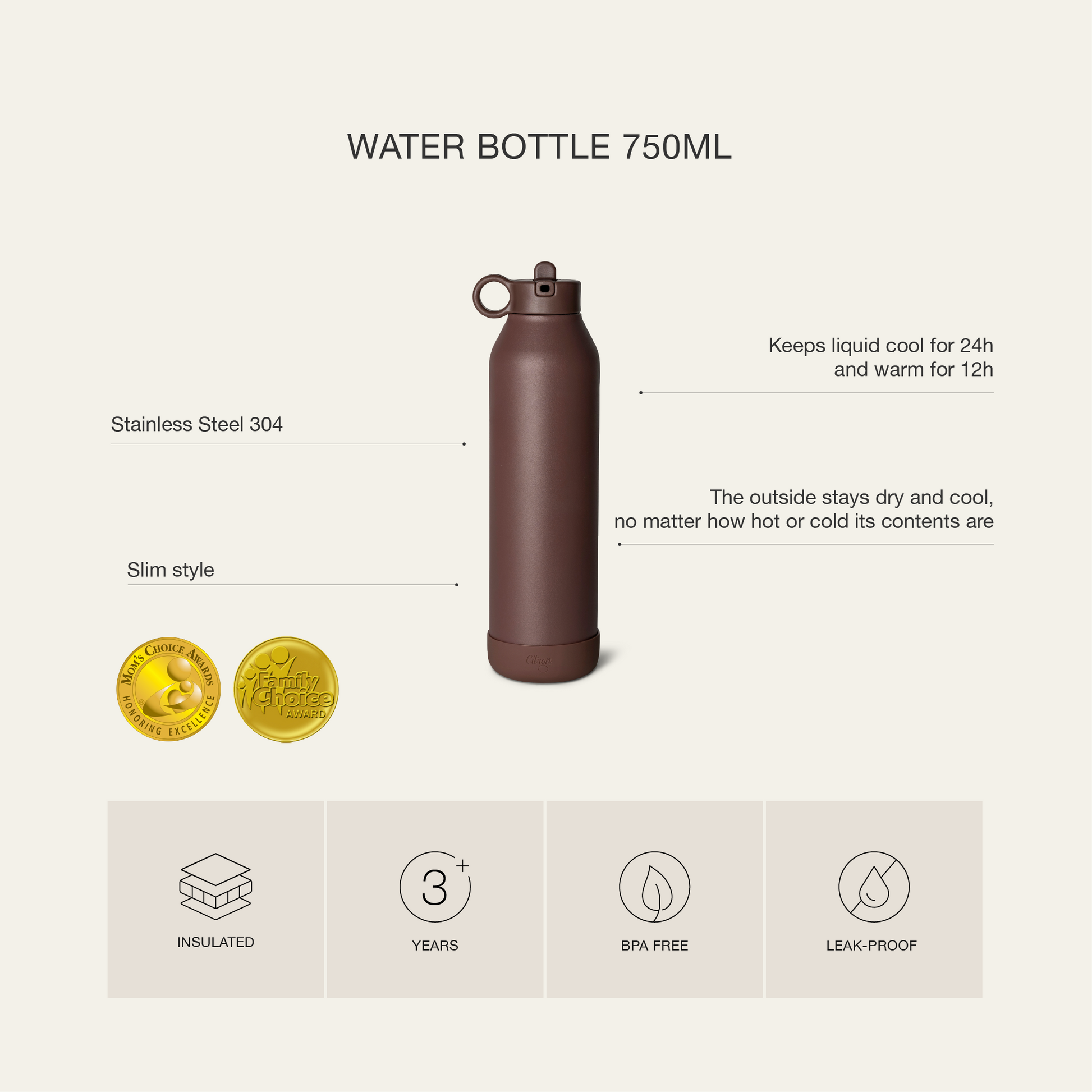 Citron Stainless Steel Water Bottle 750ml - Plum - Laadlee