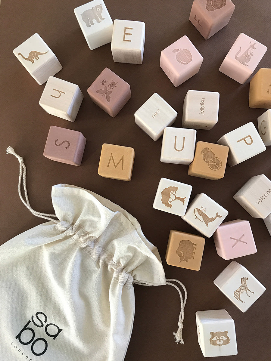 SABO Concept - Wooden English Alphabet Blocks Set - Mustard-Pink - Laadlee