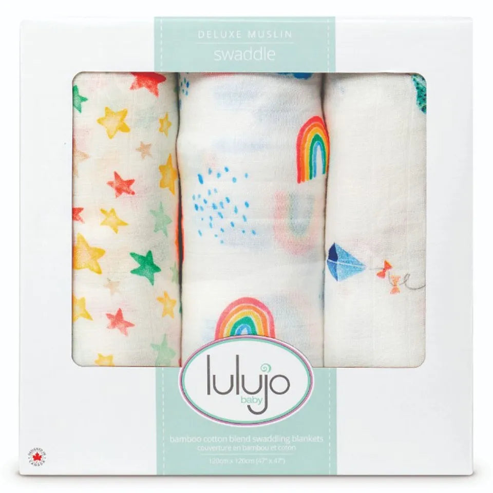 Lulujo 3-Pack Bamboo Muslin Swaddle Blankets - High in the Sky - Laadlee