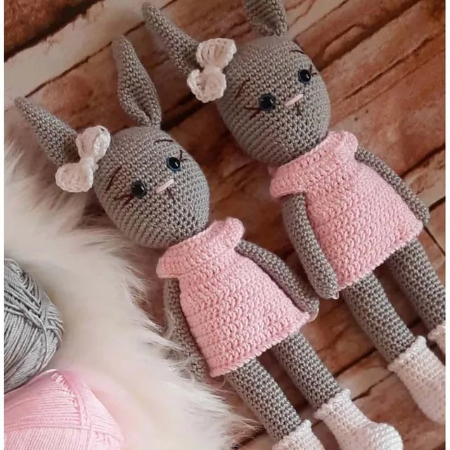 Pikkaboo Crochet Bunny Tieback Clips Pair - Pink and Grey - Laadlee