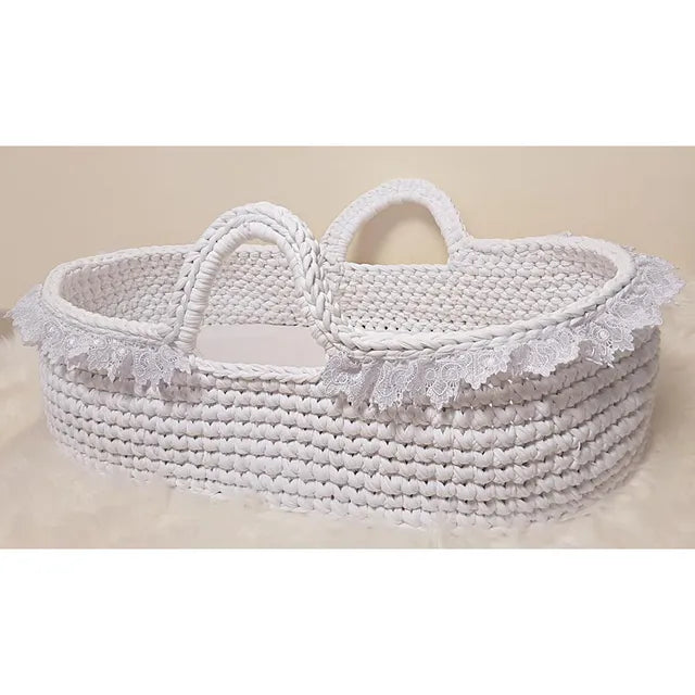 Pikkaboo Handmade Crochet Moses Basket Carrycot - White - Laadlee