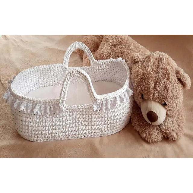 Pikkaboo Handmade Crochet Moses Basket Carrycot - White - Laadlee
