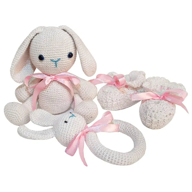 Pikkaboo Snuggle & Play Soft Crocheted Bunny set - White & Pink - Laadlee