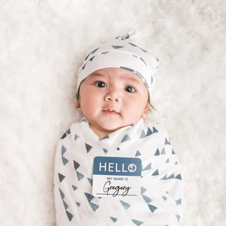 Lulujo Hello World Set (Bamboo Hat + Swaddle blanket) - Triangle Blue - Laadlee