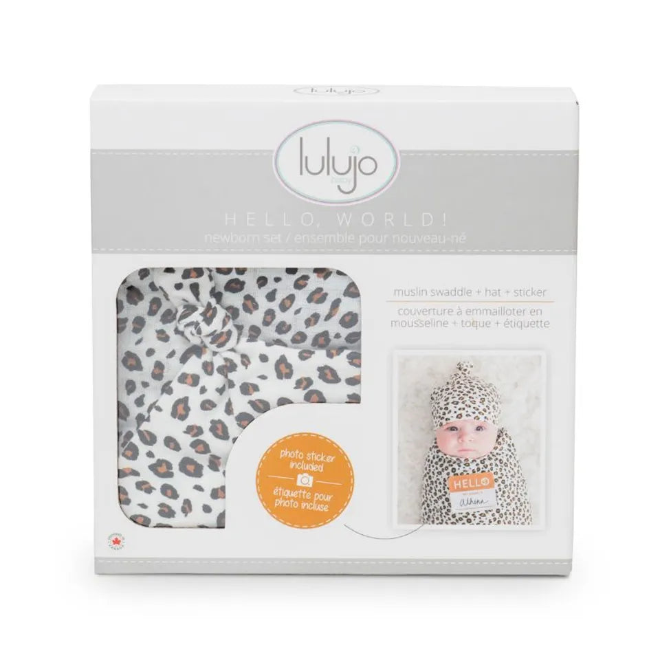 Lulujo Hello World Set (Bamboo Hat + Swaddle blanket) - Cheetah - Laadlee