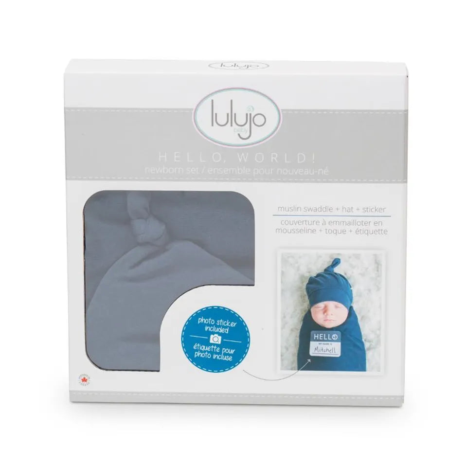 Lulujo Hello World Set (Bamboo Hat + Swaddle blanket) - Navy - Laadlee