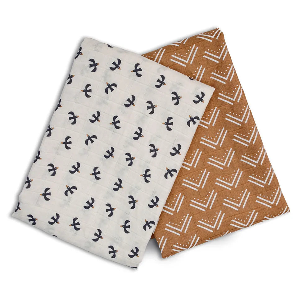 Lulujo 2-pack Cotton Swaddles - Mudcloth / Black Birds - Laadlee