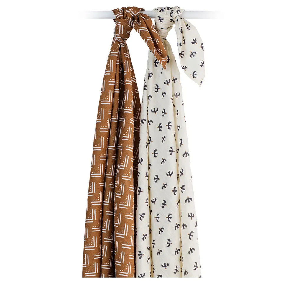 Lulujo 2-pack Cotton Swaddles - Mudcloth / Black Birds - Laadlee