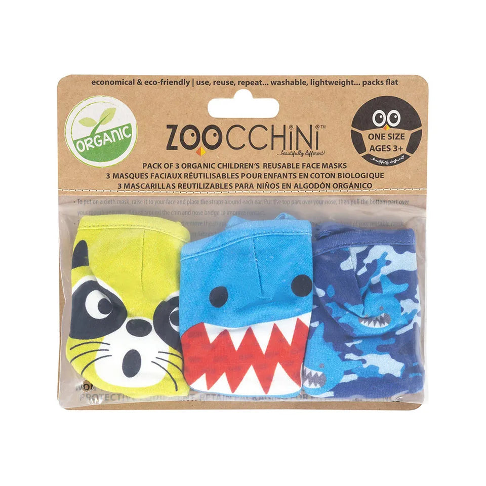 Zoocchini Kids Organic Reusable Cloth Face Masks 3 Pc Set - Shark - Laadlee