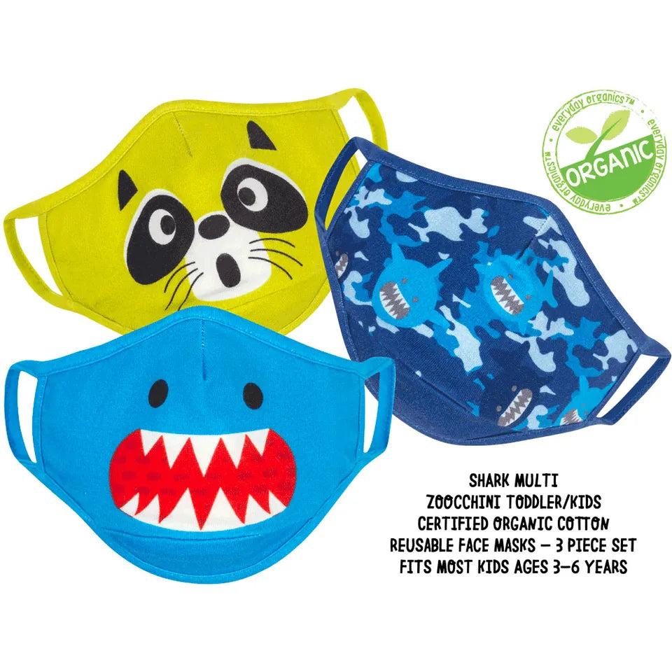 Zoocchini Kids Organic Reusable Cloth Face Masks 3 Pc Set - Shark - Laadlee