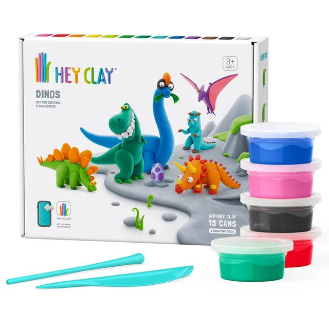 Hey Clay - Dinos Set Plastic Modeling Air Dry Clay Kit - 15pcs and Sculpting Tools - Laadlee