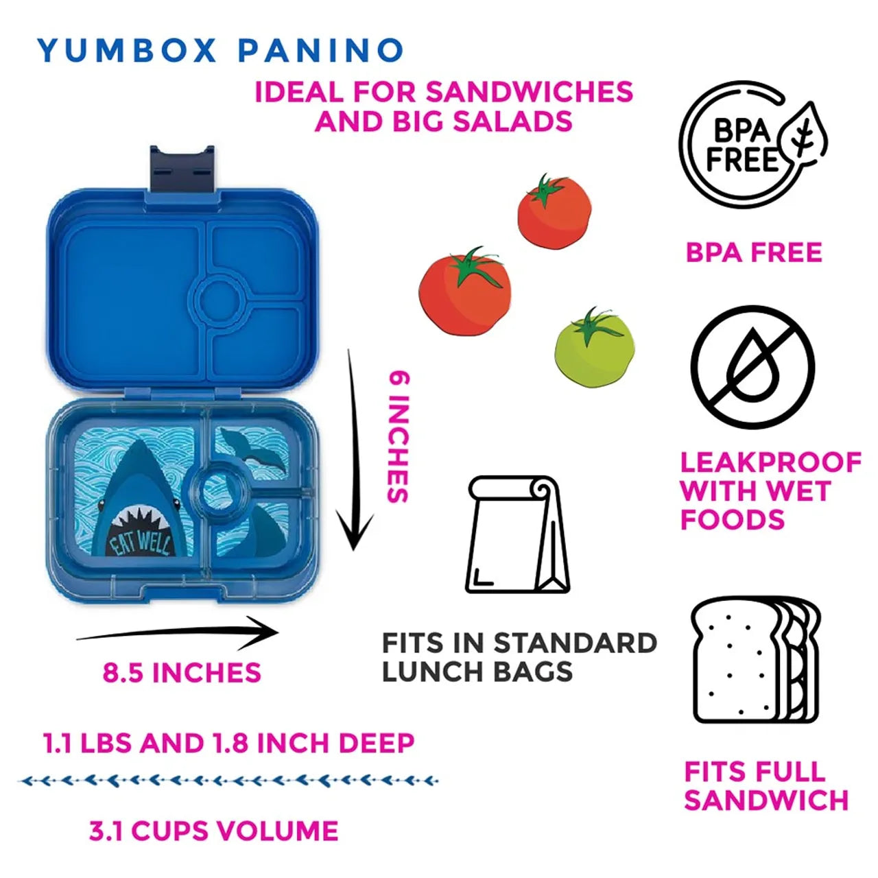 Yumbox Panino 4 Compartment Shark Lunch Box - Surf Blue - Laadlee