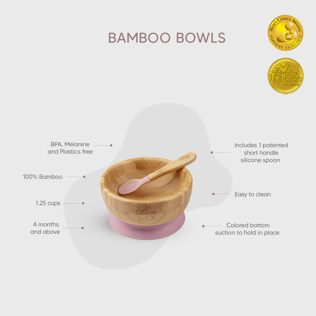 Citron Organic Bamboo Bowl 300ml Suction & Spoon - Blush Pink - Laadlee