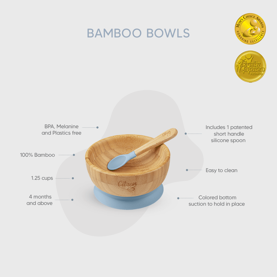 Citron Organic Bamboo Bowl 300ml Suction & Spoon - Dusty Blue - Laadlee