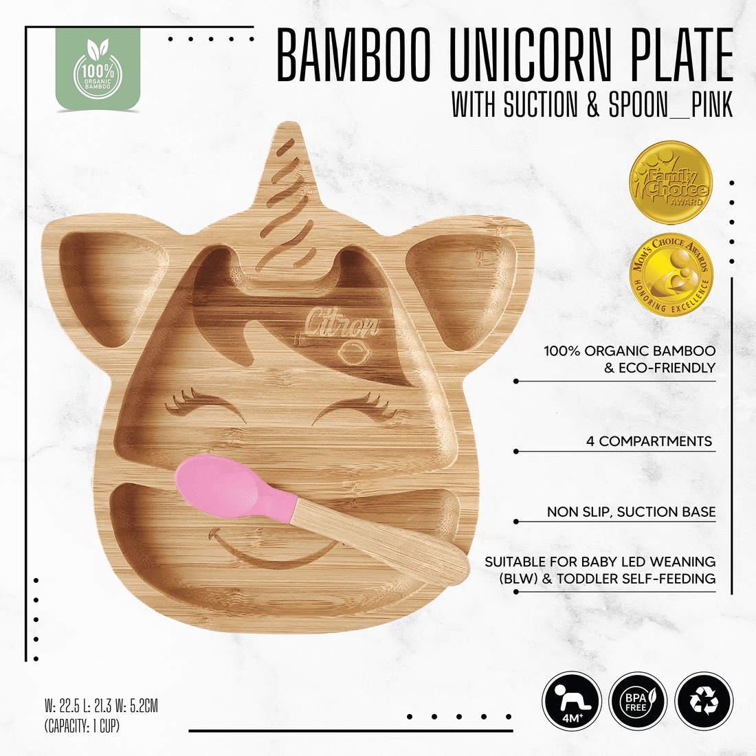 Citron Organic Bamboo Plate & Spoon Unicorn - Blush Pink - Laadlee