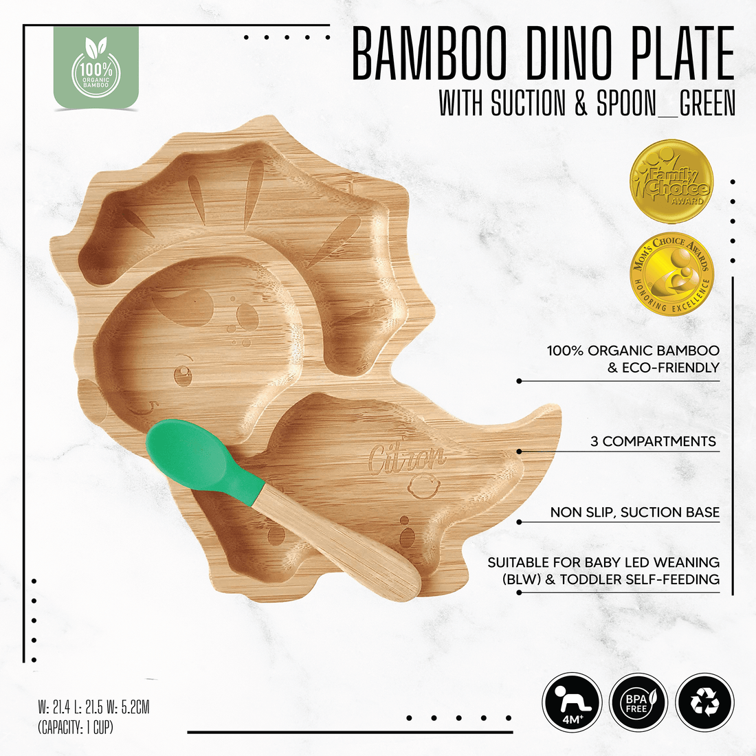 Citron Organic Bamboo Plate Suction & Spoon Dino - Pastel Green - Laadlee