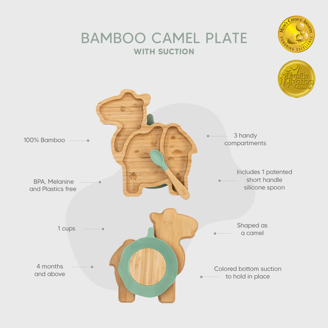 Citron Organic Bamboo Plate Suction & Spoon Camel - Pastel Green - Laadlee