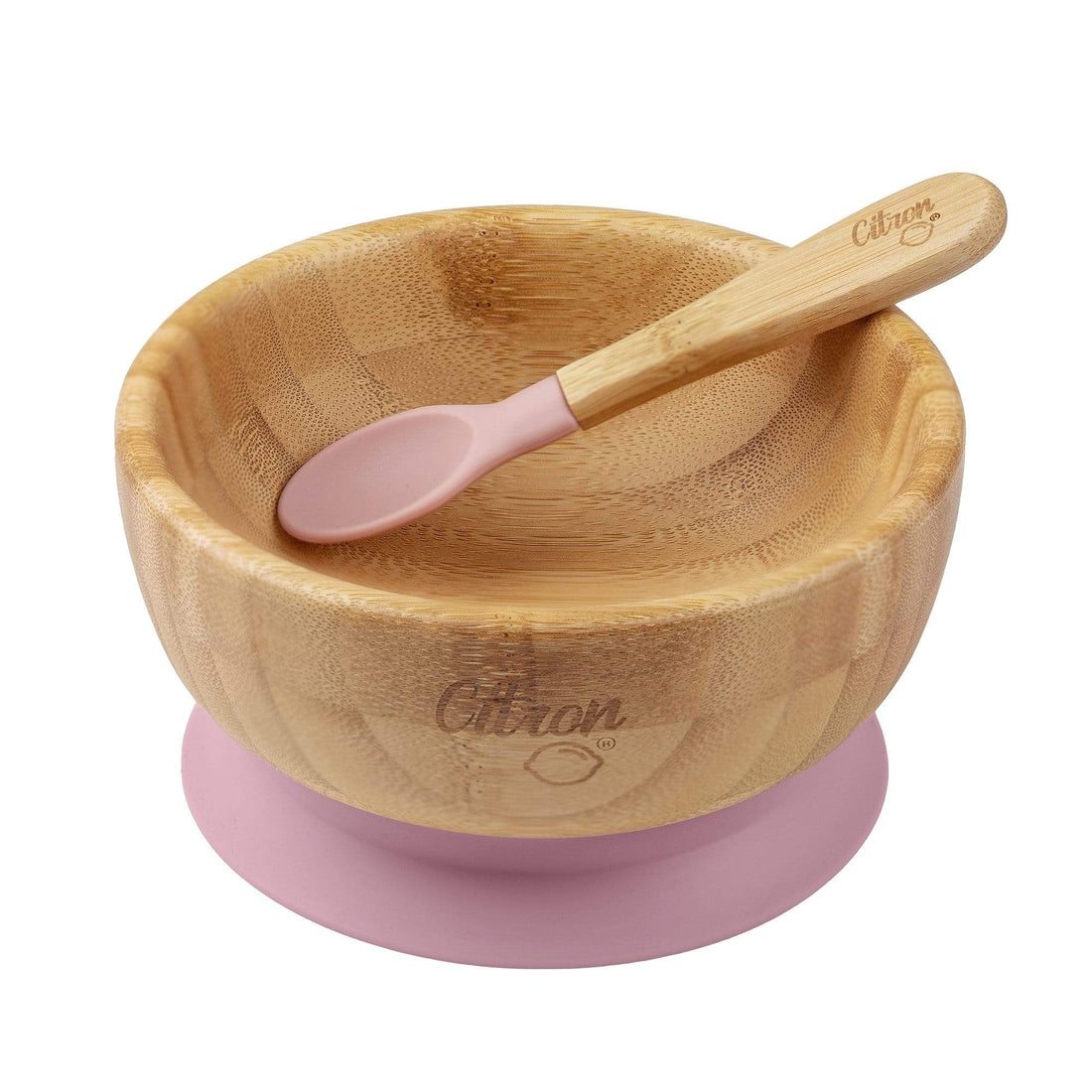 Citron Organic Bamboo Bowl 300ml Suction & Spoon - Blush Pink - Laadlee